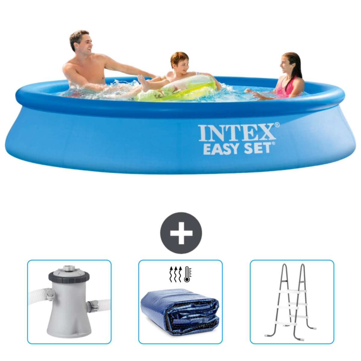 Familie genießt einen blauen Intex-Pool. Zubehör umfasst Filter, Abdeckung und Leiter.