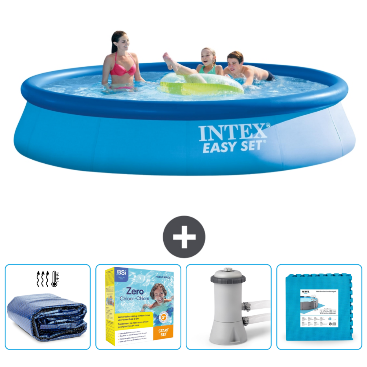 Menschen in einem blauen runden Pool mit Zubehör. Ein Pluszeichen trennt den Pool und das Zubehör.