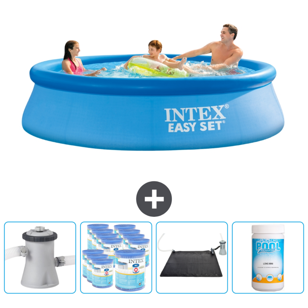 Familie in einem blauen Intex-Pool mit Zubehör: Filter, Chemikalien und Solarmatte.