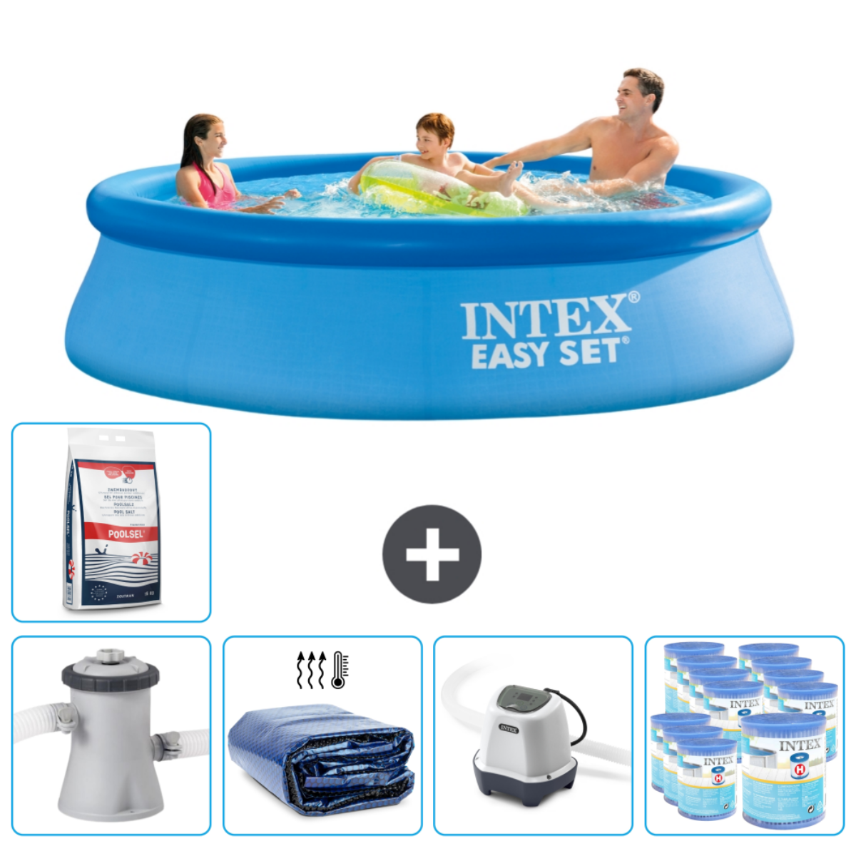 Piscine bleue avec personnes. Comprend pompe, couverture, produits chimiques et fournitures.