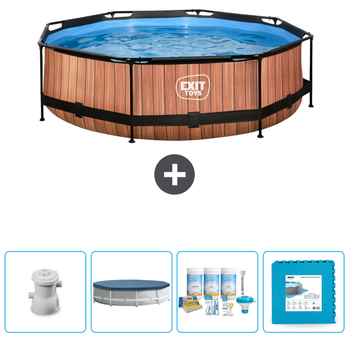 Hout-look zwembad met accessoires. Inclusief filter, afdekking, chemicaliën en mat.