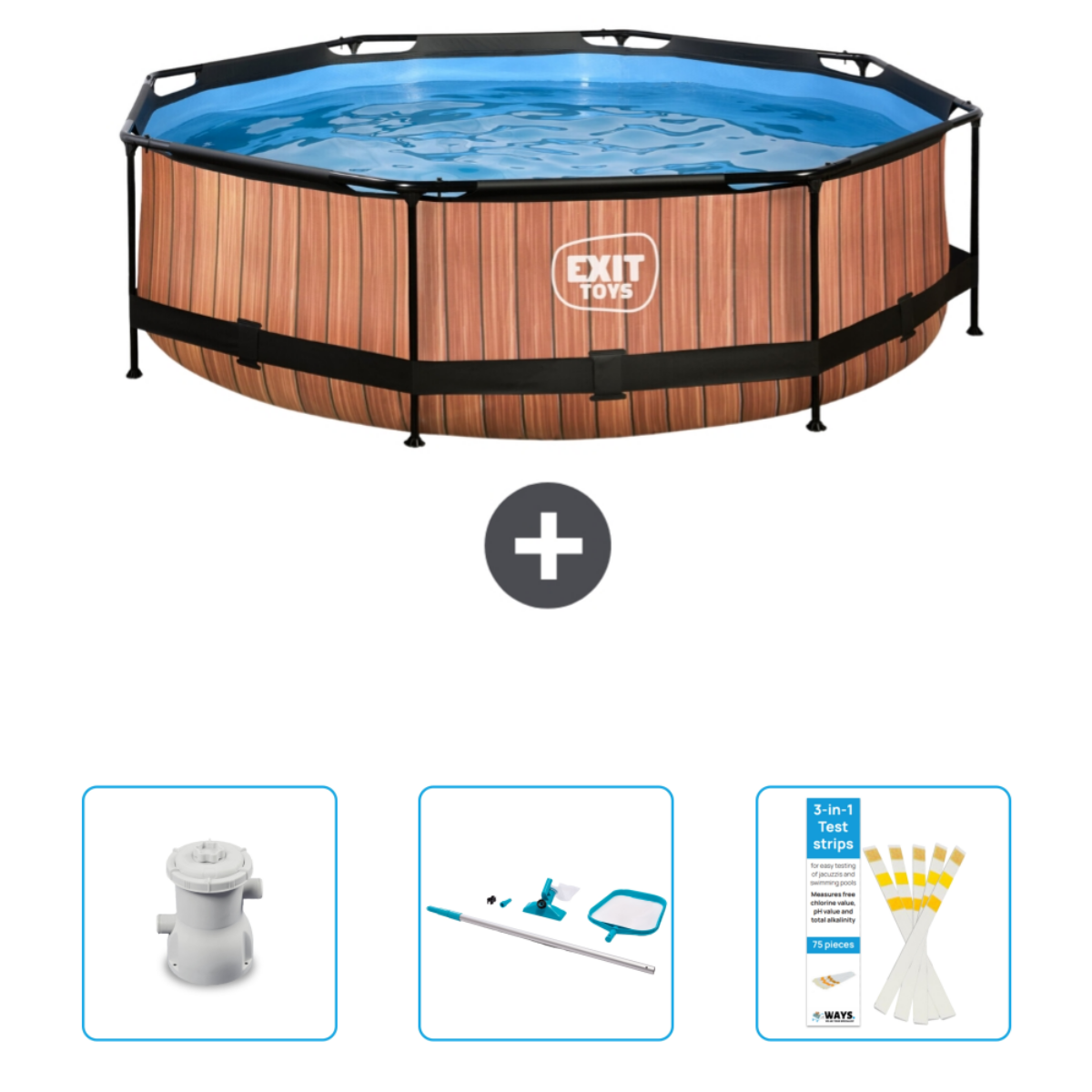 Octagonaal zwembad met houten zijkanten en accessoires: filter, reinigingsset en teststrips.