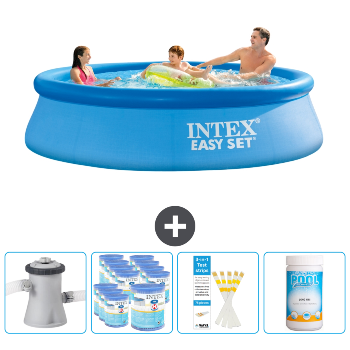 Piscine ronde bleue avec personnes. Accessoires: filtre, bâche, produits et bandelettes.