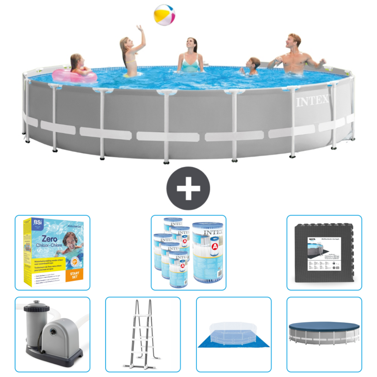 Grote Intex pool met zwemmende mensen en accessoires. Inclusief chloor, reiniging en afdekking.