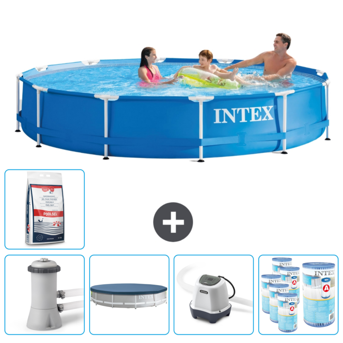 Piscine bleue Intex avec personnes nageant. Comprend pompe, chlore et accessoires de nettoyage.