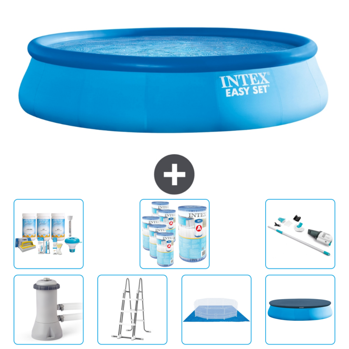 Piscine gonflable bleue avec accessoires. Comprend produits chimiques, kit de nettoyage et bâche.