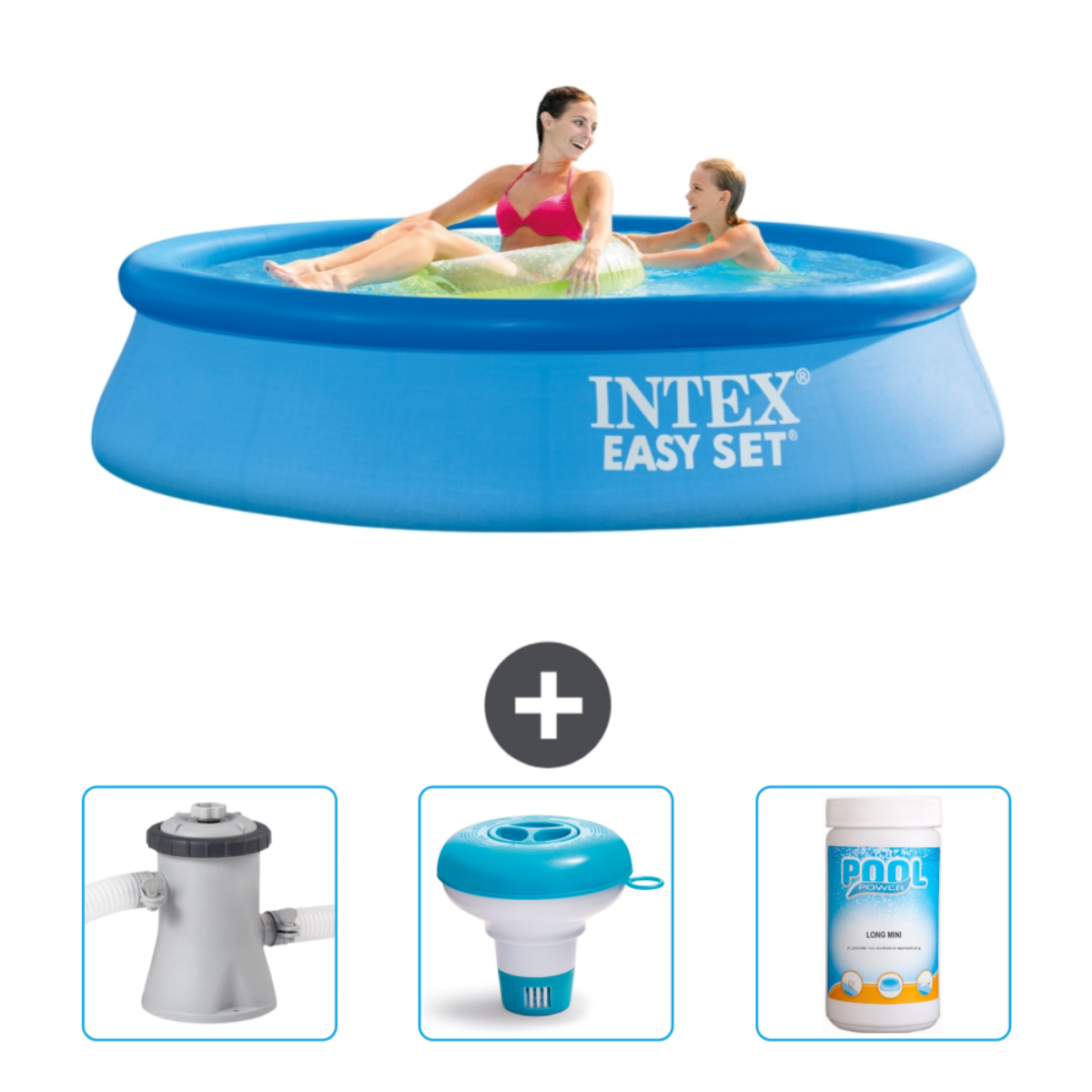 Zwei Frauen in einem blauen Intex-Pool mit Zubehör: Filter, Chemie-Schwimmer und Chlor.