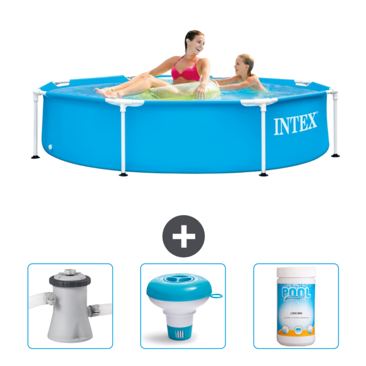 People in a blue pool with a float. Accessories like a filter are shown.