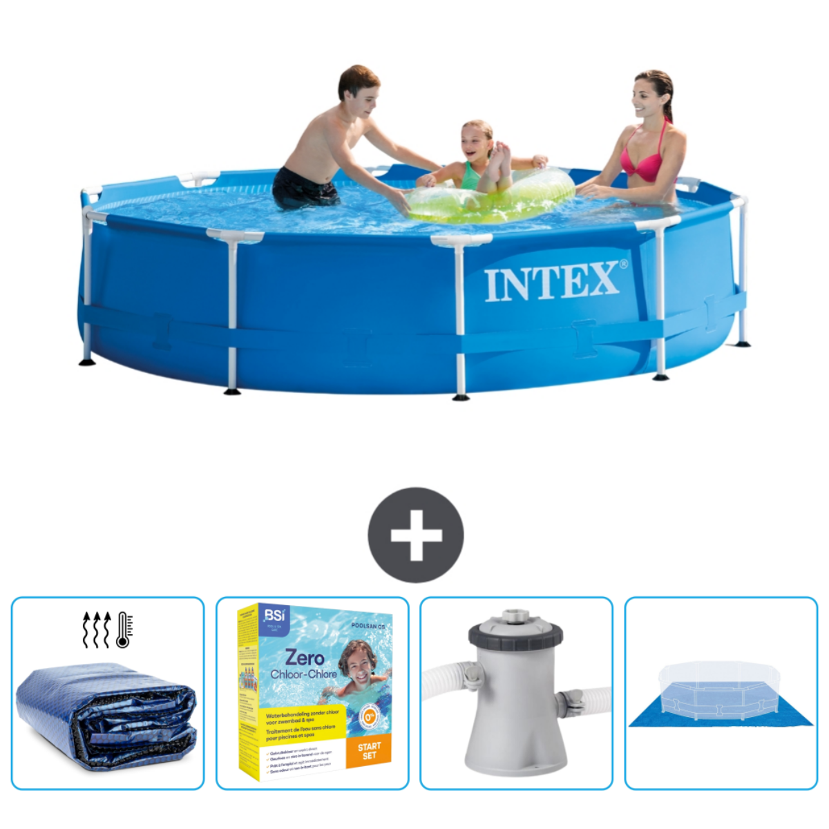Blue pool with people. Includes cover, chemicals, pump, and cleaning supplies.