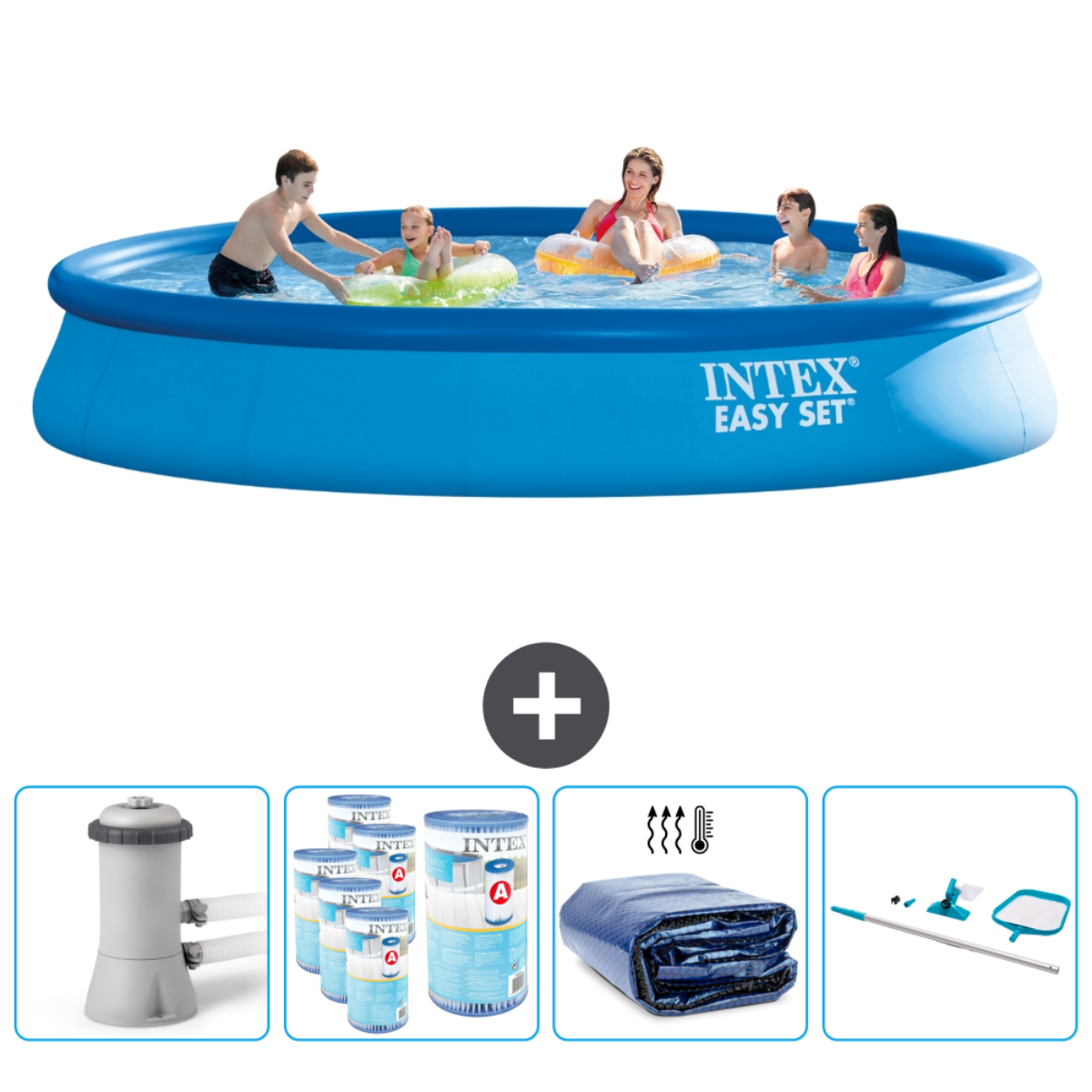 Mensen in een blauw Intex Easy Set-zwembad met accessoires: filter, reinigingsset, afdekking en chemische behandeling.