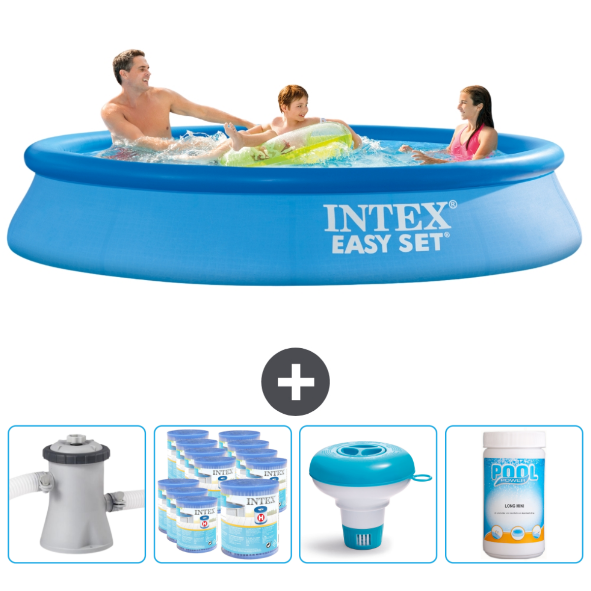 Piscine Intex bleue avec personnes. Inclut pompe, produits chimiques et un distributeur flottant.