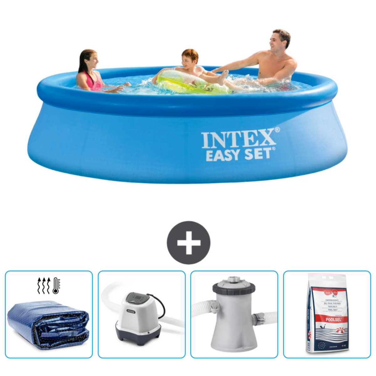 Famille dans une piscine bleue Intex. Accessoires: couverture, pompe, filtre et sel de piscine.