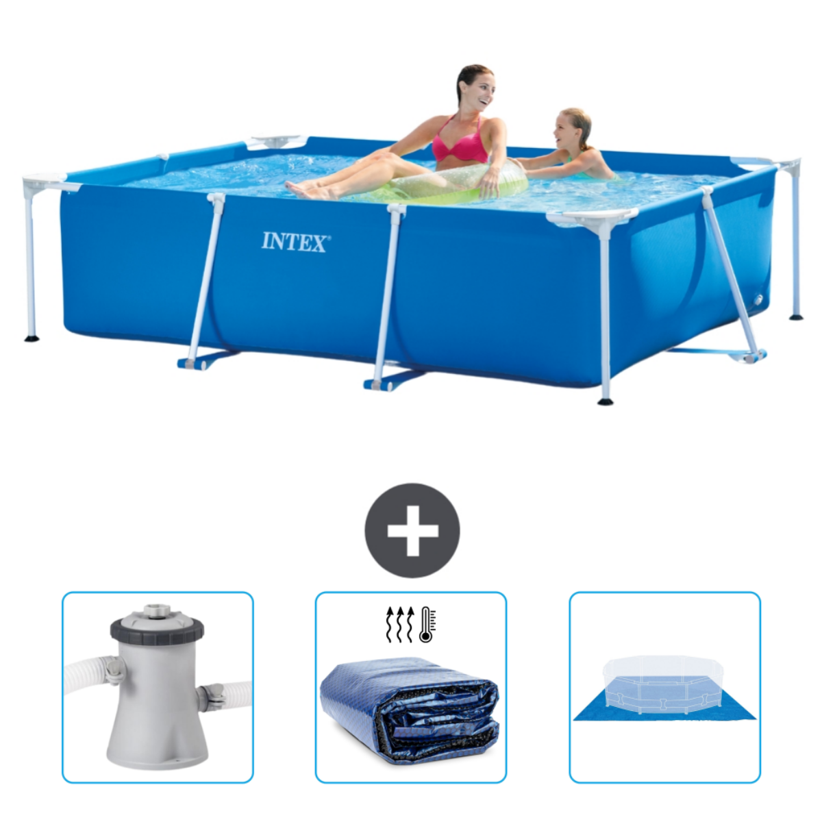 Blauer rechteckiger Intex-Pool mit Personen. Enthält Pumpe, Abdeckung und Thermometer.
