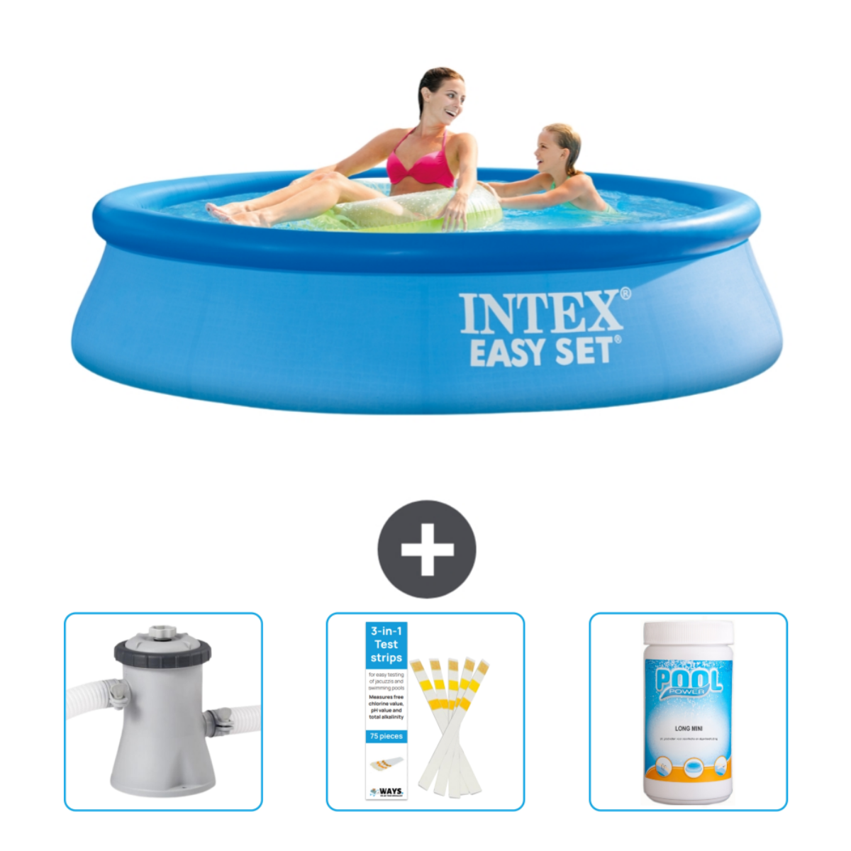 Zwei Frauen in blauem Intex-Pool mit Zubehör: Filter, Teststreifen und Chlor.