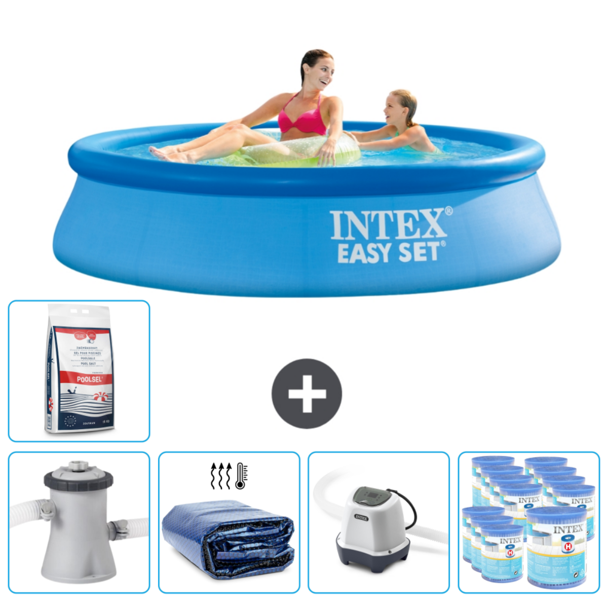 Mensen in een blauw Intex-zwembad. Accessoires: filter, afdekzeil, pomp en chloortabletten.