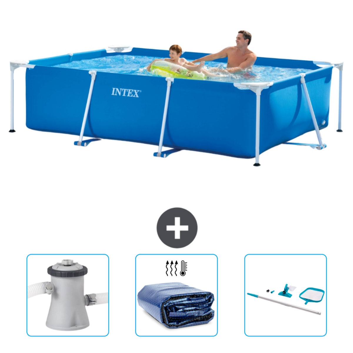 Familie in einem blauen Pool. Zubehör, einschließlich Filter und Netz, wird gezeigt.