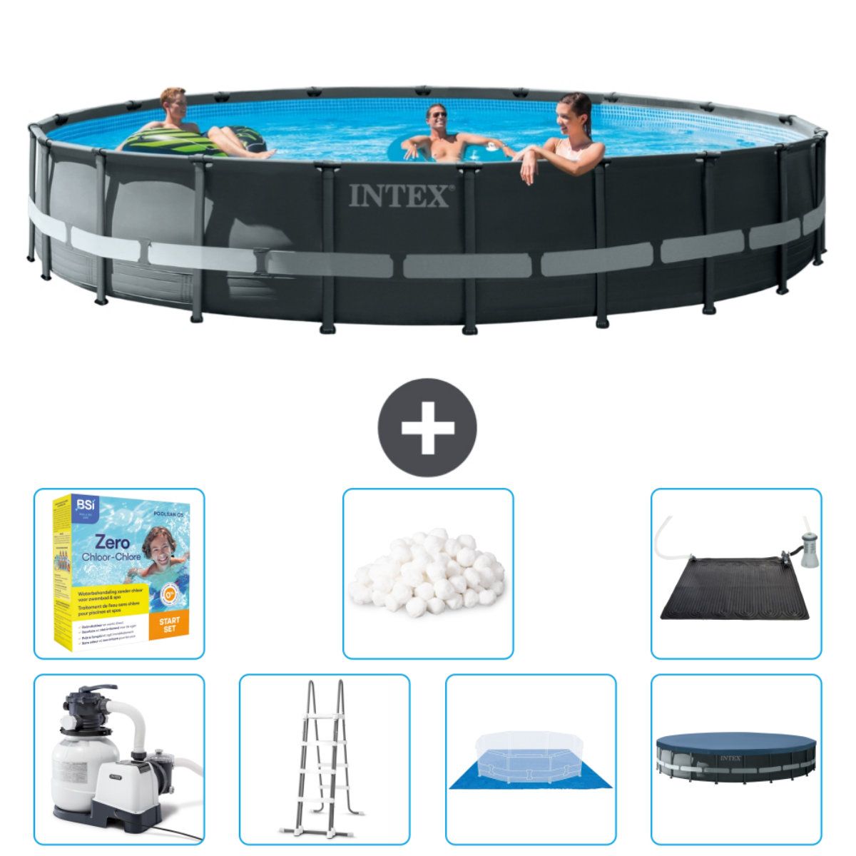 Personnes dans piscine sombre. Inclut produits chimiques, filtre, échelle, couverture solaire, balles.