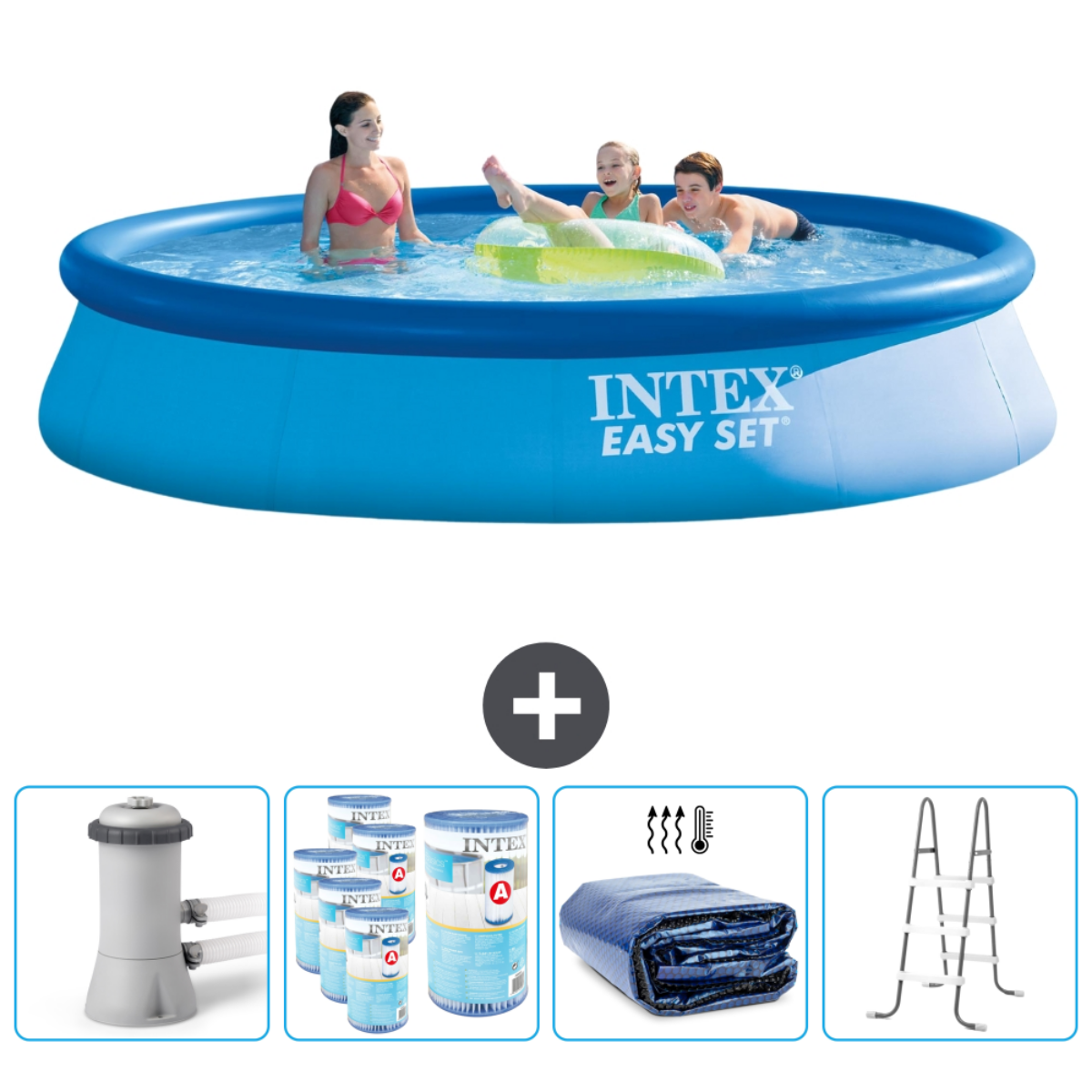 Personnes dans une piscine Intex. Inclut pompe, produits chimiques, bâche et échelle.