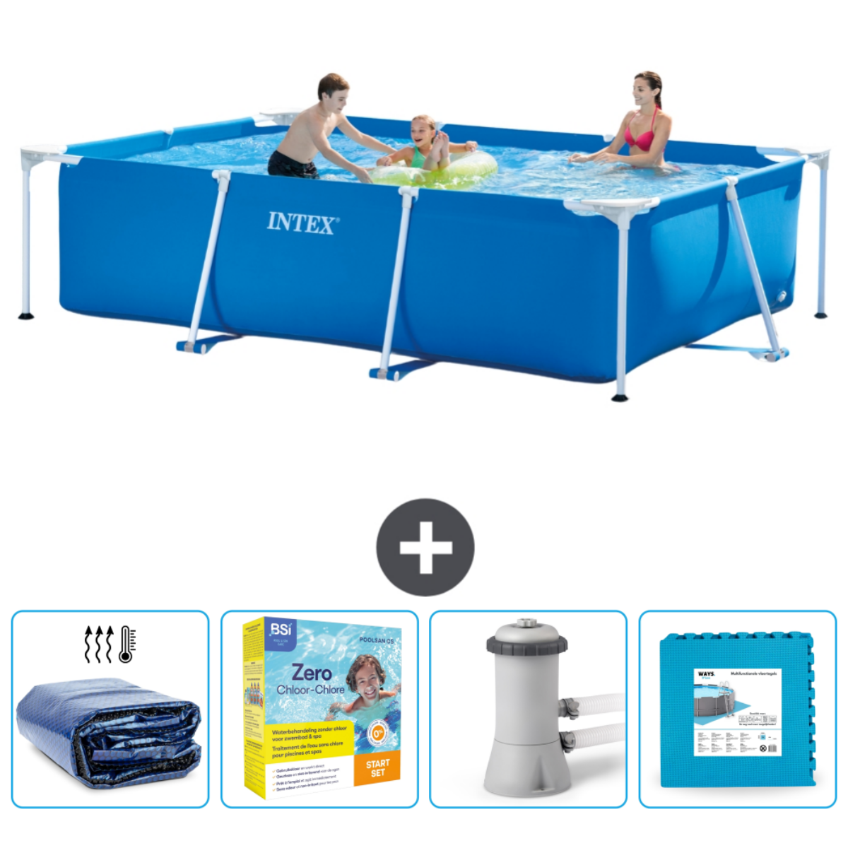 Mensen in een blauw zwembad. Accessoires: afdekking, filter en chemicaliën.
