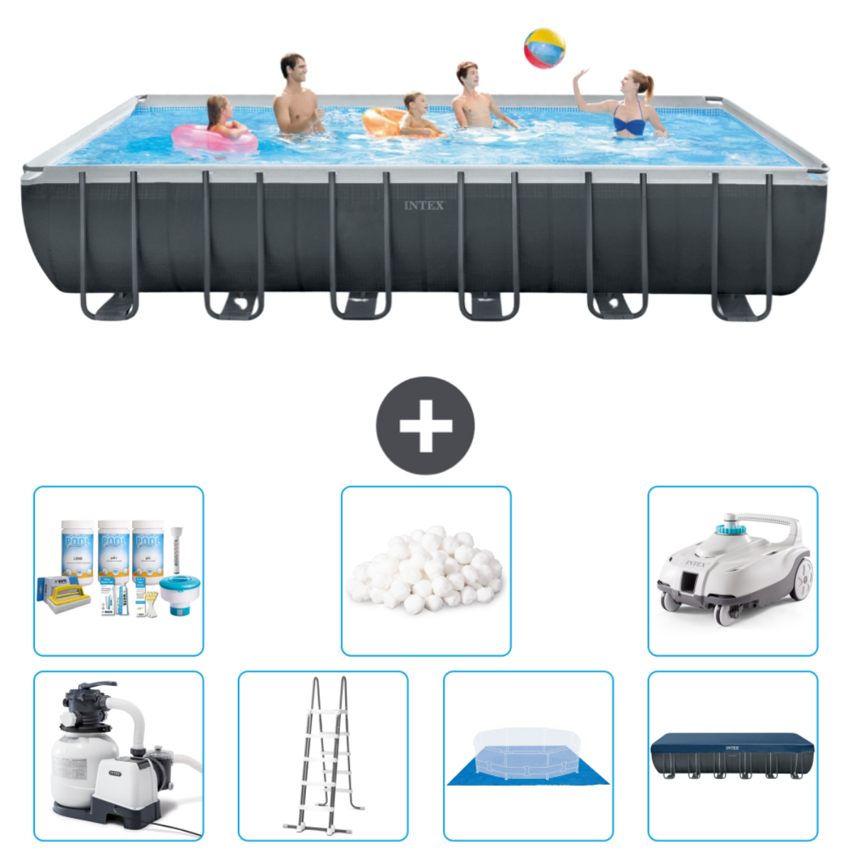 Family in a pool with accessories. Includes chemicals, cleaning robot, ladder, and cover.