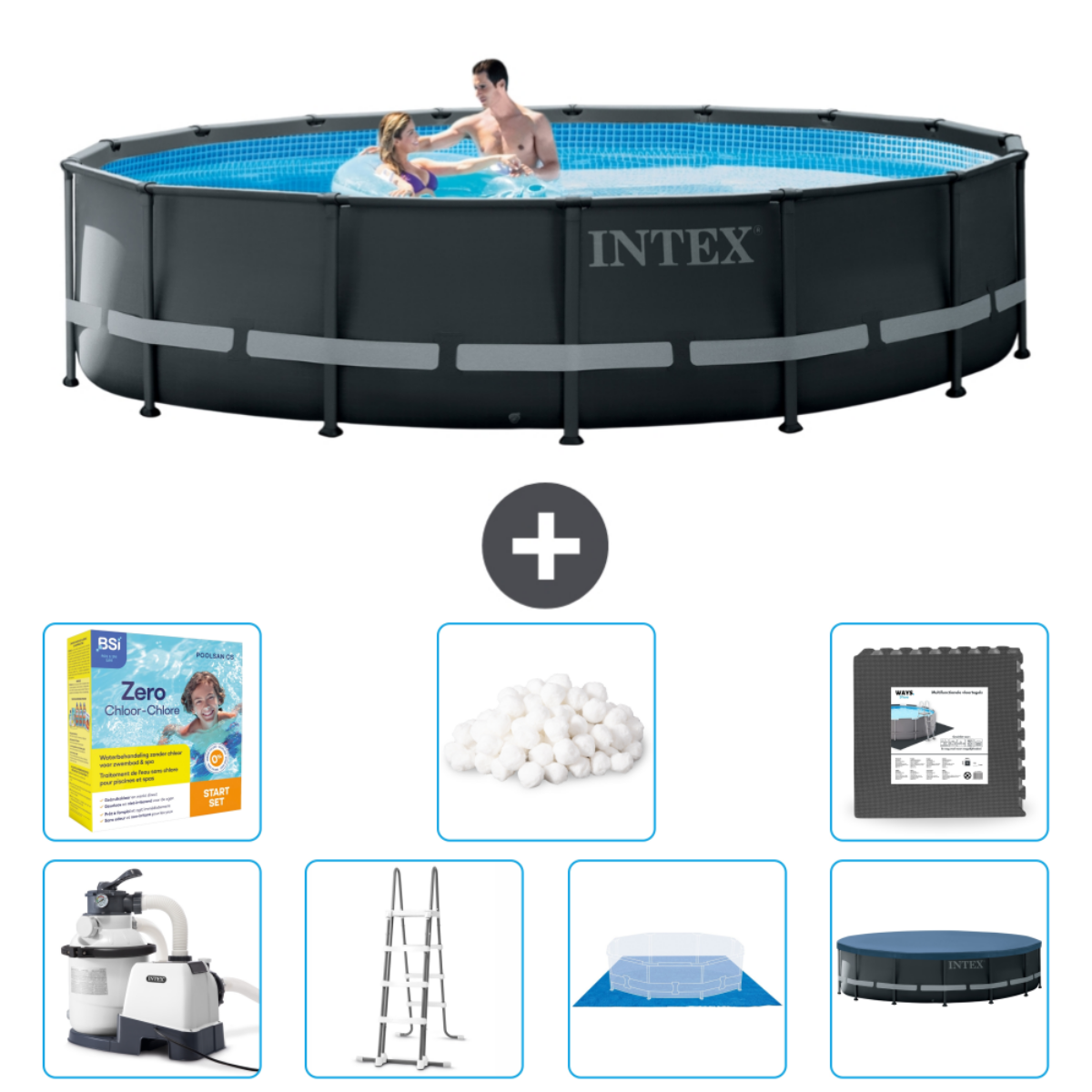 Des personnes dans une piscine ronde bleue avec des accessoires. Un signe plus sépare la piscine et les accessoires.
