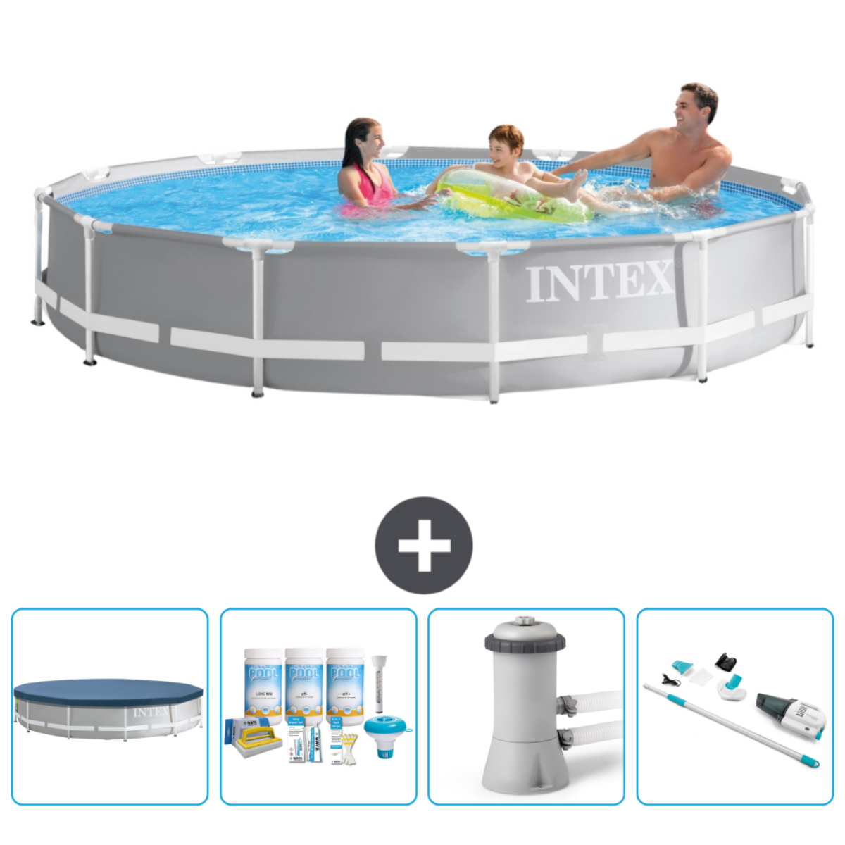 Piscine grise avec personnes. Comprend couverture, produits chimiques, pompe et kit nettoyage.