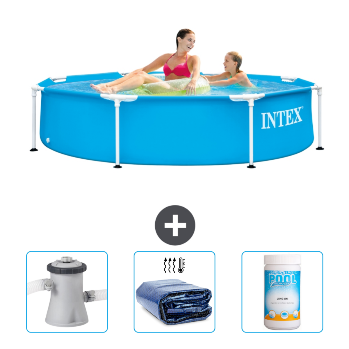 Blauer Intex Pool mit schwimmenden Personen. Enthält Pumpe, Abdeckung und Chlorbehandlung.