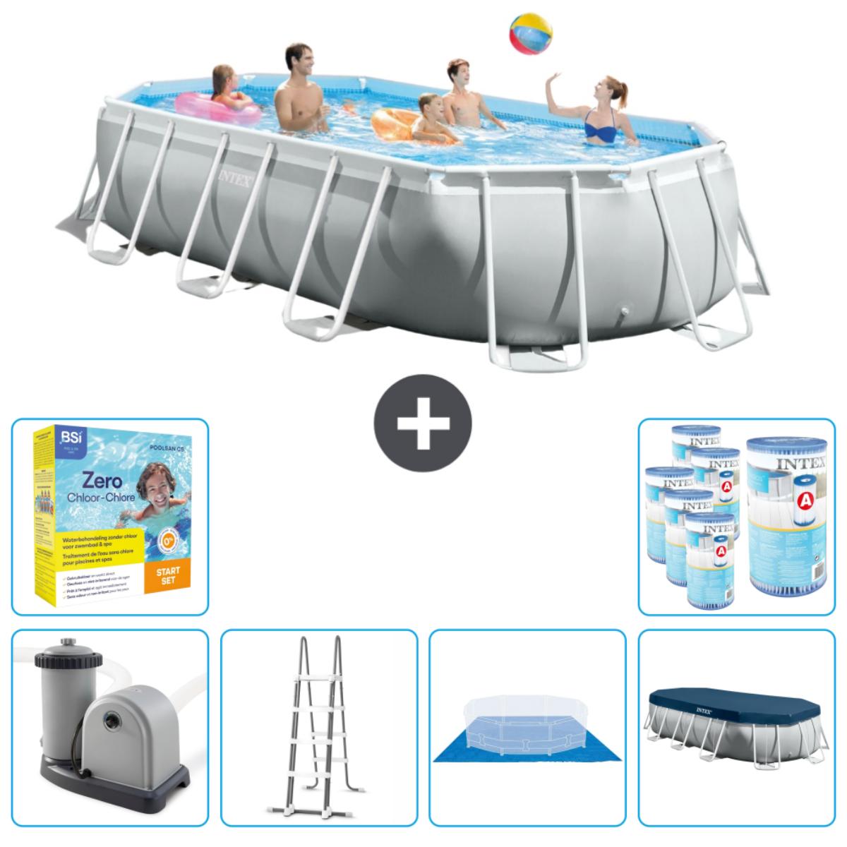 Rectangular pool with people, accessories. Includes chemicals, cleaning set, and cover.
