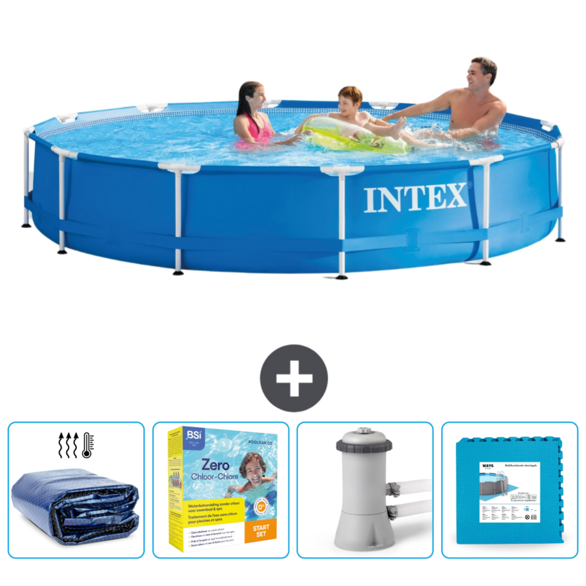 Family in a blue Intex pool with accessories: cover, chemicals, filter and a mat.