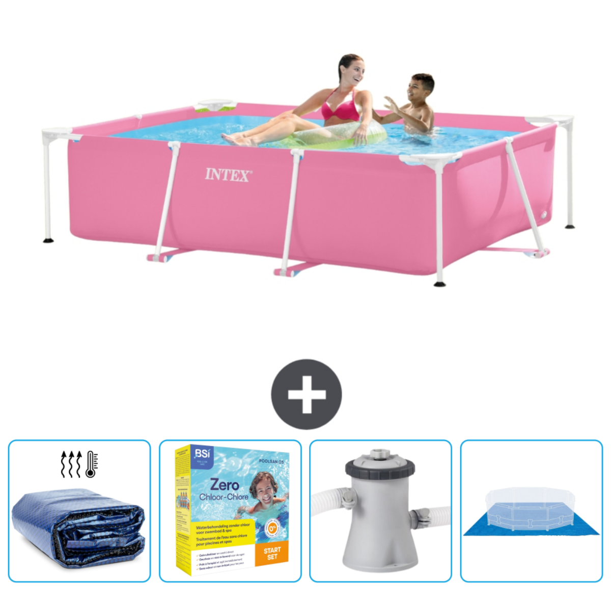 Personnes dans une piscine rose Intex. Accessoires: couverture, comprimés de chlore, filtre et tapis de piscine.