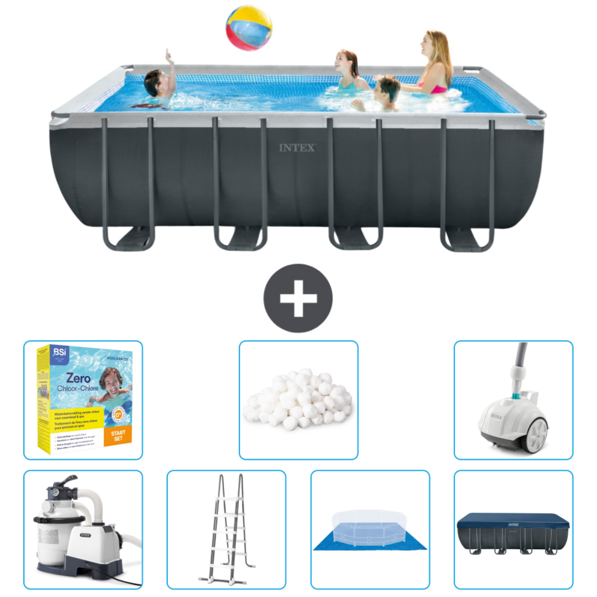 Mensen spelen in zwembad. Inclusief chemicaliën, filter, ladder, cover, ballen en stofzuiger.