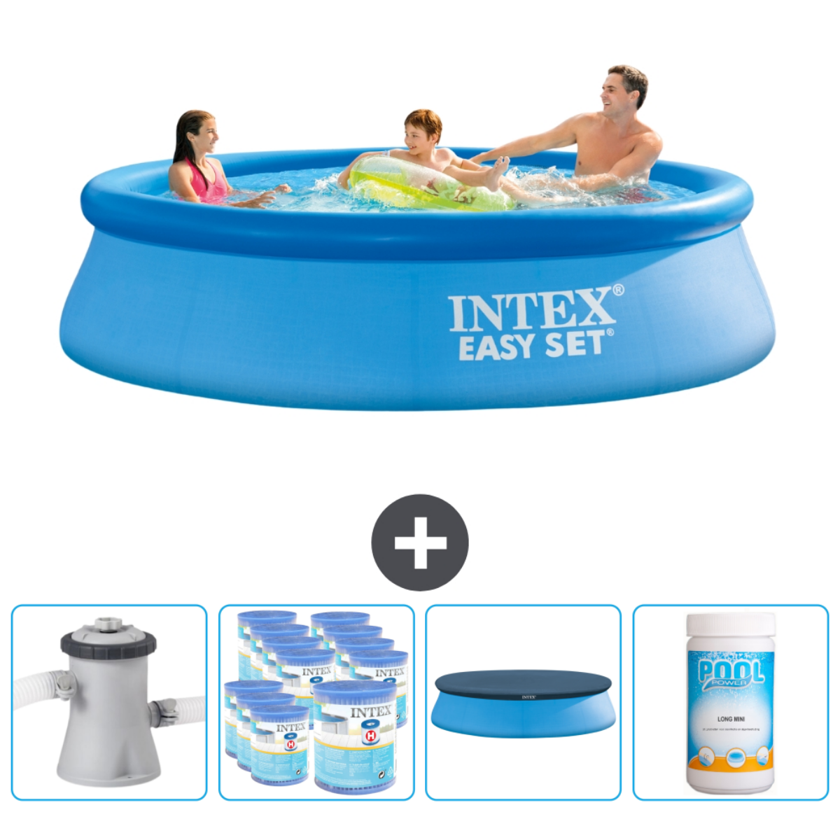 Des gens dans une piscine ronde. Accessoires: couverture, produits chimiques et filtre.