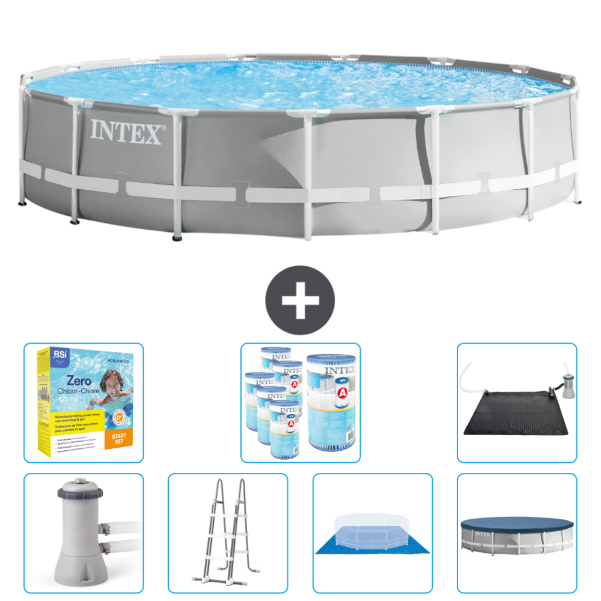 Grijs zwembad met accessoires. Intex logo. Verschillende items zoals chemicaliën en een ladder.