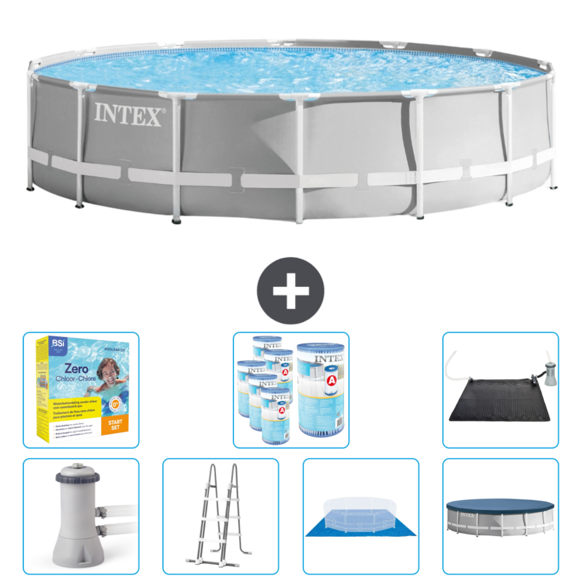 Grijze Intex pool met accessoires: chemicaliën, zonnetegel, ladder, filter en afdekzeil.