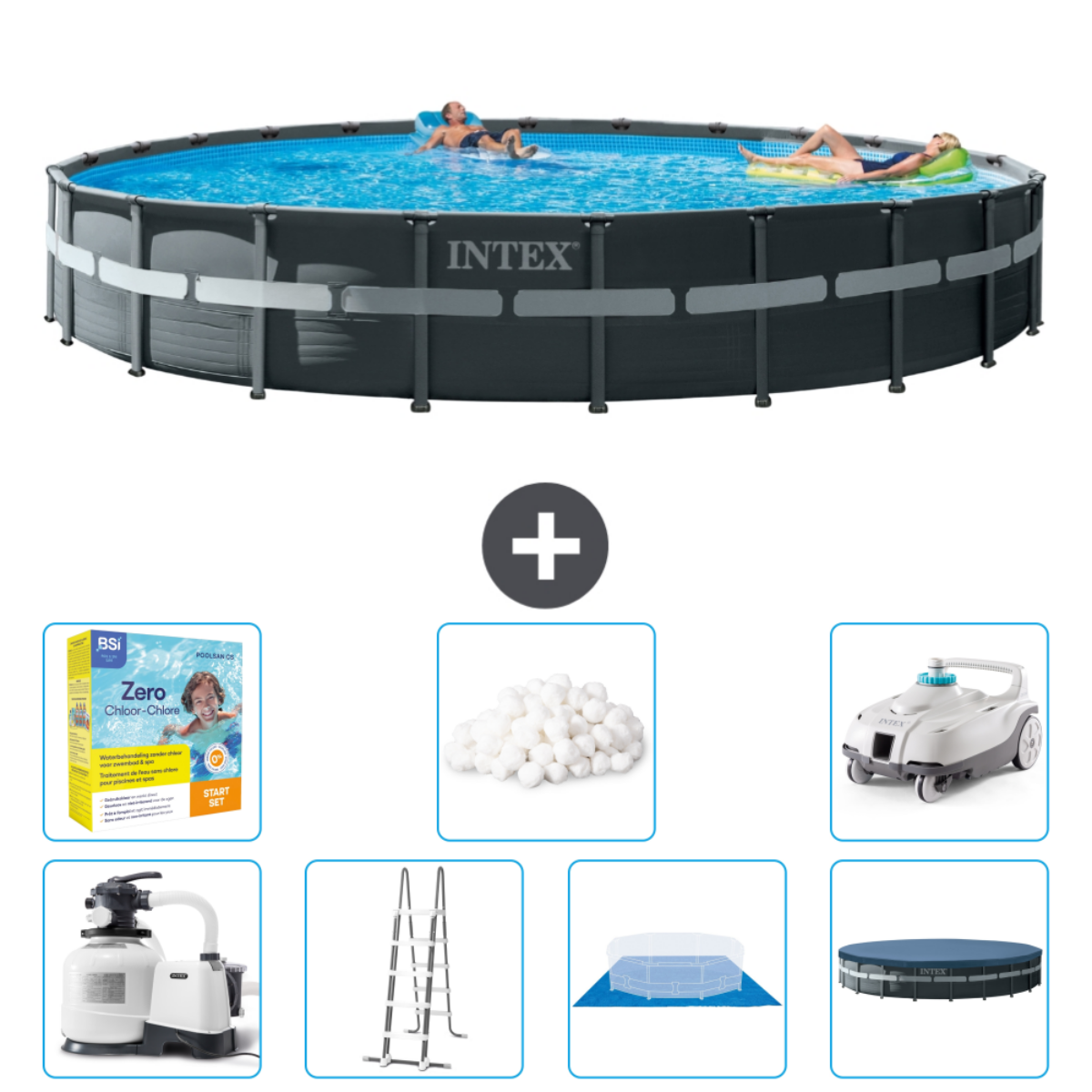 People in a dark grey Intex pool with accessories: chemicals, ladder, pool cleaner, and cover.