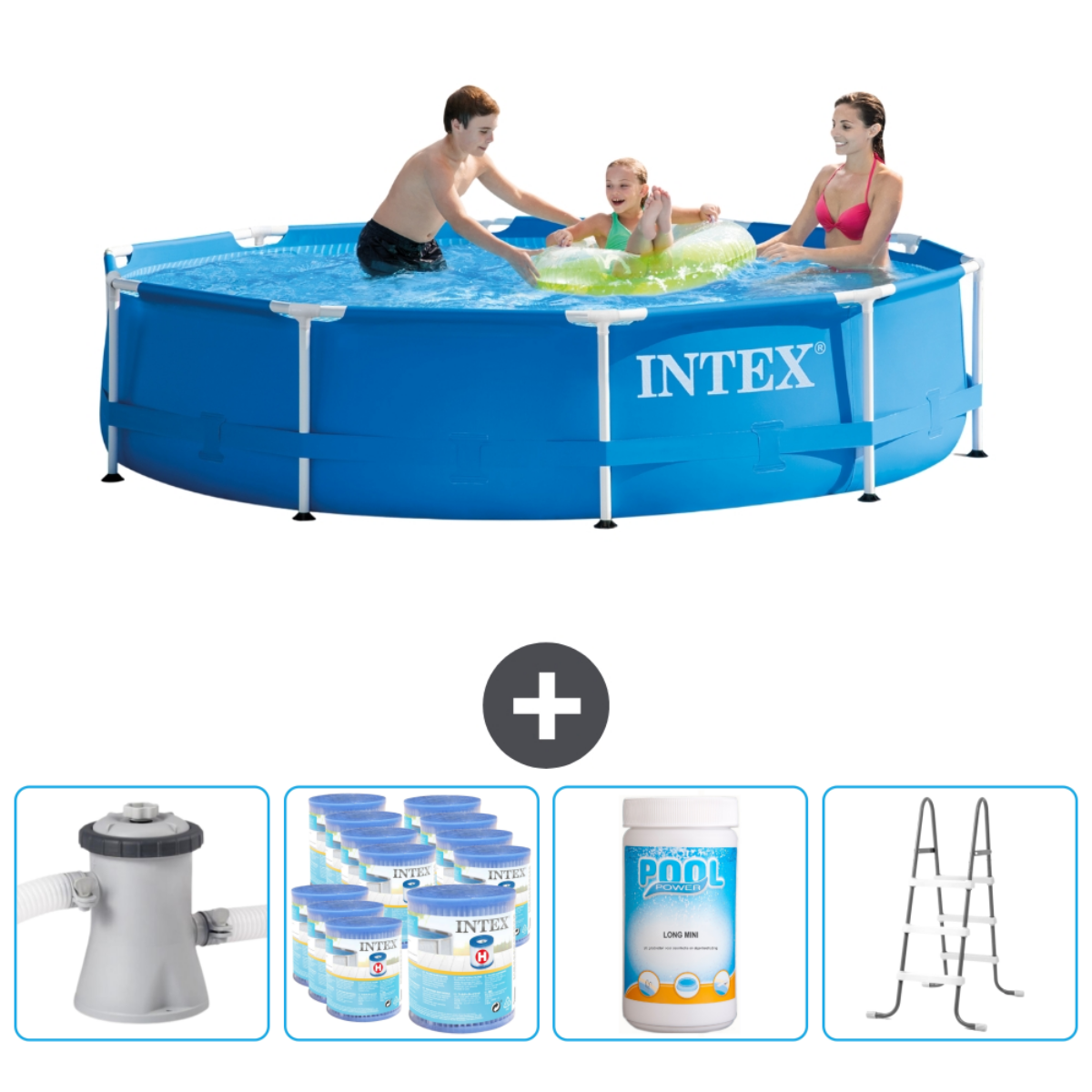 People in a blue Intex pool. Accessories include a filter, chlorine tablets, ladder, and pump.