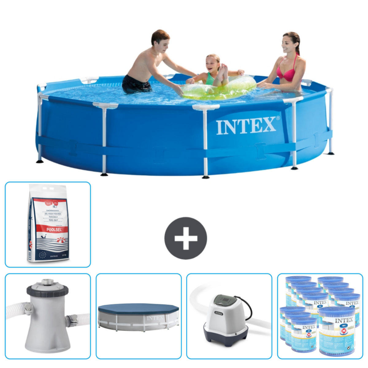 Des gens dans une piscine. Accessoires: produits chimiques, filtre, couverture et plus de produits chimiques.