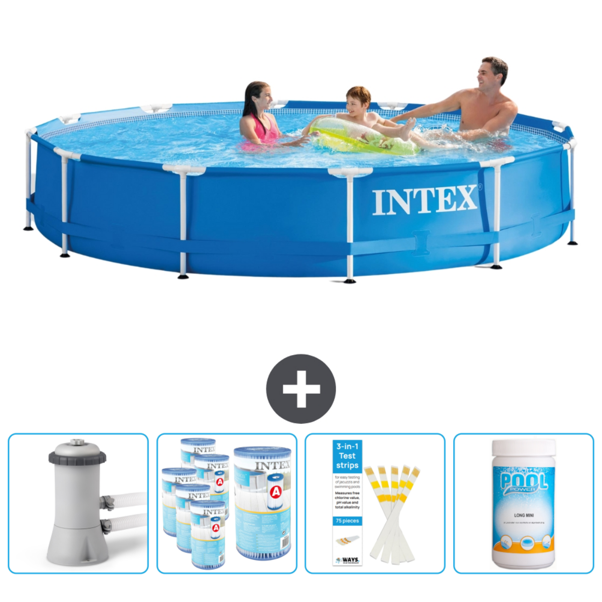 Personnes dans piscine bleue. Inclut filtre, produits chimiques, bandelettes et nettoyants.