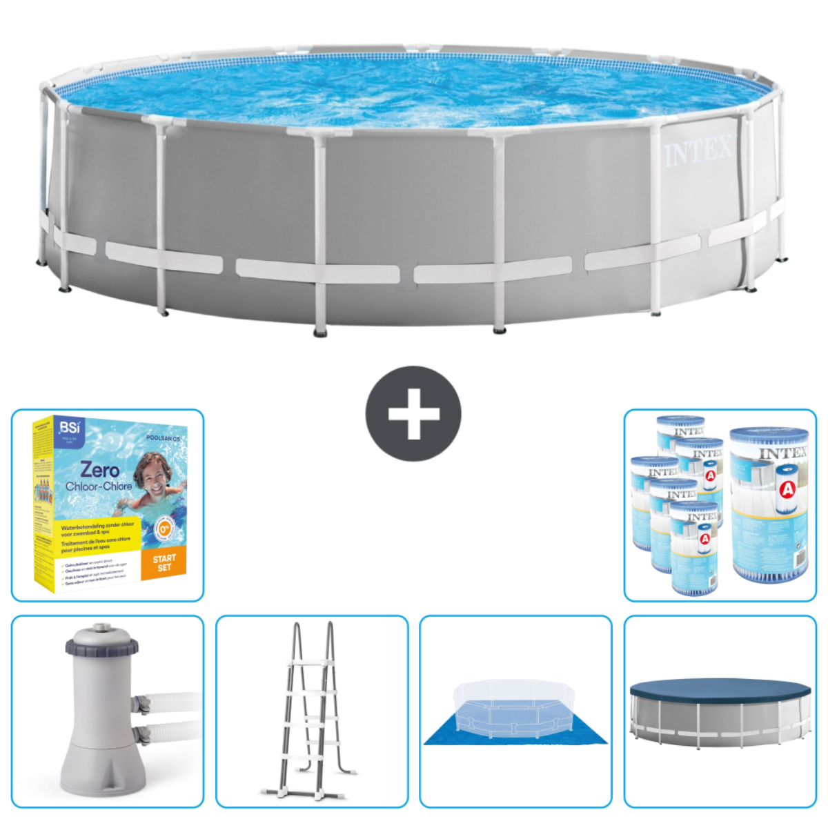 Piscine Intex grise avec accessoires: produits chimiques, filtre, échelle, couverture et un kit de nettoyage de piscine.