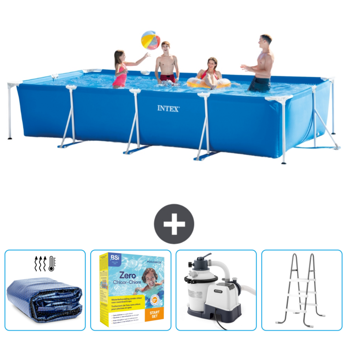 Menschen in einem Pool mit Zubehör. Zubehör: Abdeckung, Chemikalien, Filter und Leiter.