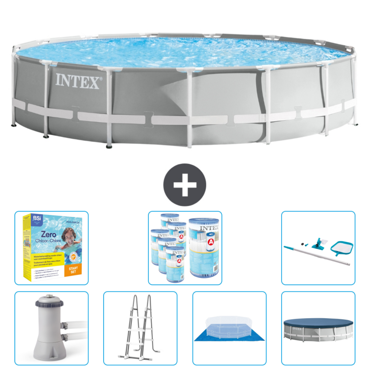 Rond zwembad met accessoires zoals filter, chemicaliën en ladder.