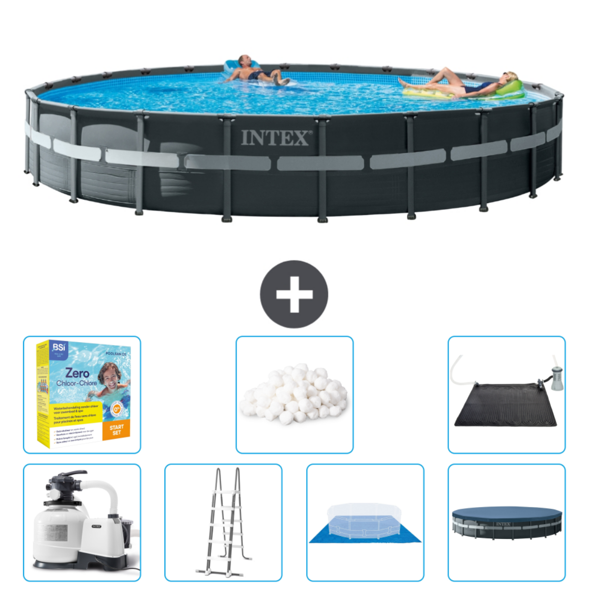 Personnes se relaxant dans une piscine. Piscine Intex avec revêtement gris foncé et accessoires.