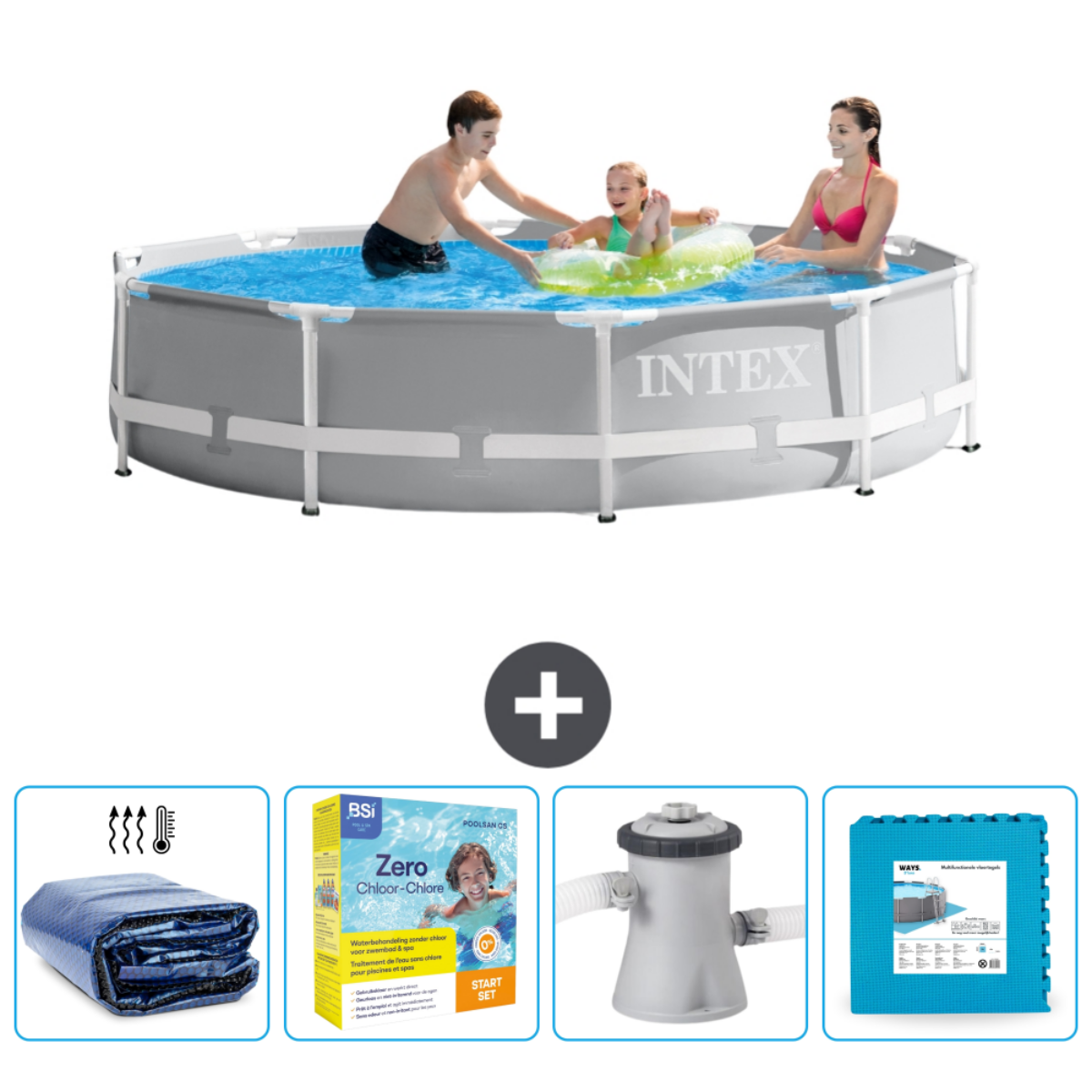 People in a pool. Accessories include a cover, chlorine tablets, pump and a mat.