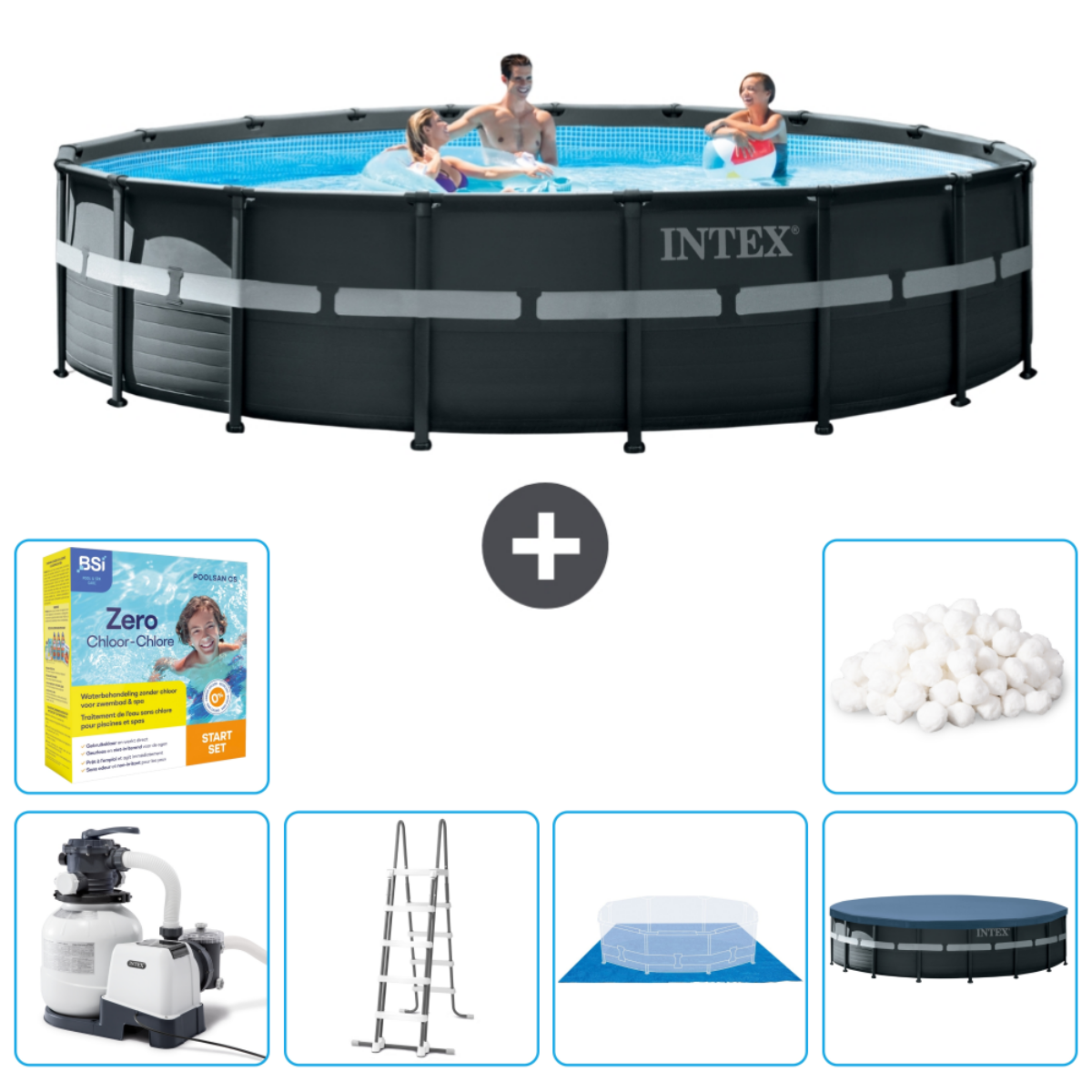 Mensen in een blauwe ronde pool met accessoires. Een plusteken scheidt de pool en de accessoires.