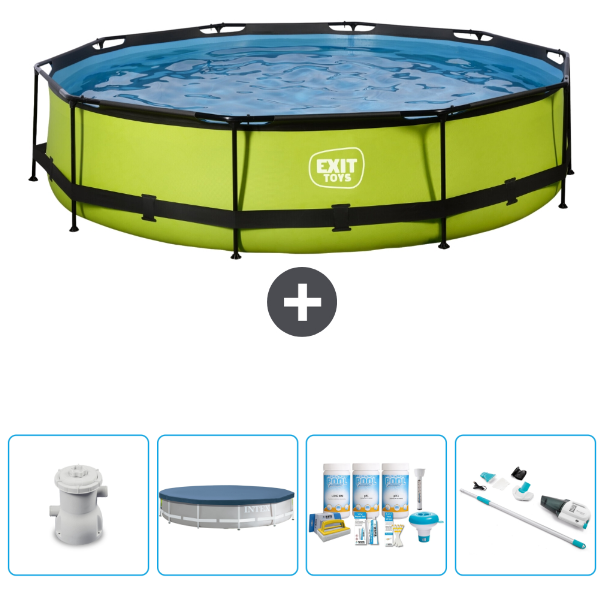 Groene achthoekige pool met accessoires, inclusief filter, afdekzeil, chemicaliën en pomp.