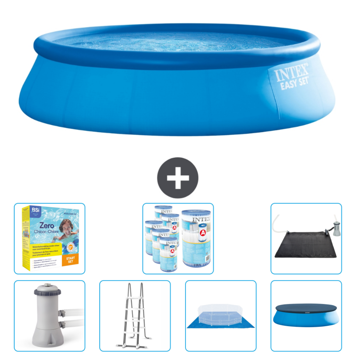 Piscine bleue avec accessoires. Signe plus. Bâche, produits chimiques, pompe, échelle, tapis et tapis solaire sont présentés. Fond blanc.
