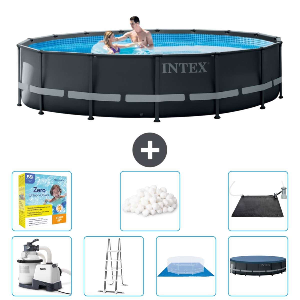 Grande piscine ronde avec des gens nageant, plus accessoires et produits chimiques.