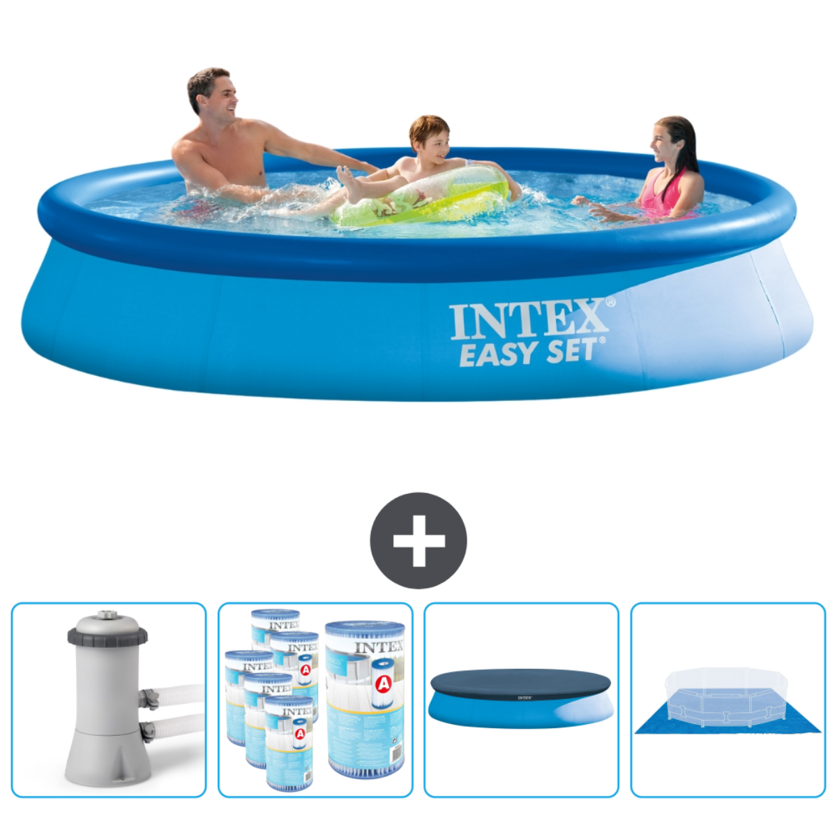 Blauer runder Pool mit Personen darin, plus Zubehör. Personen schwimmen.