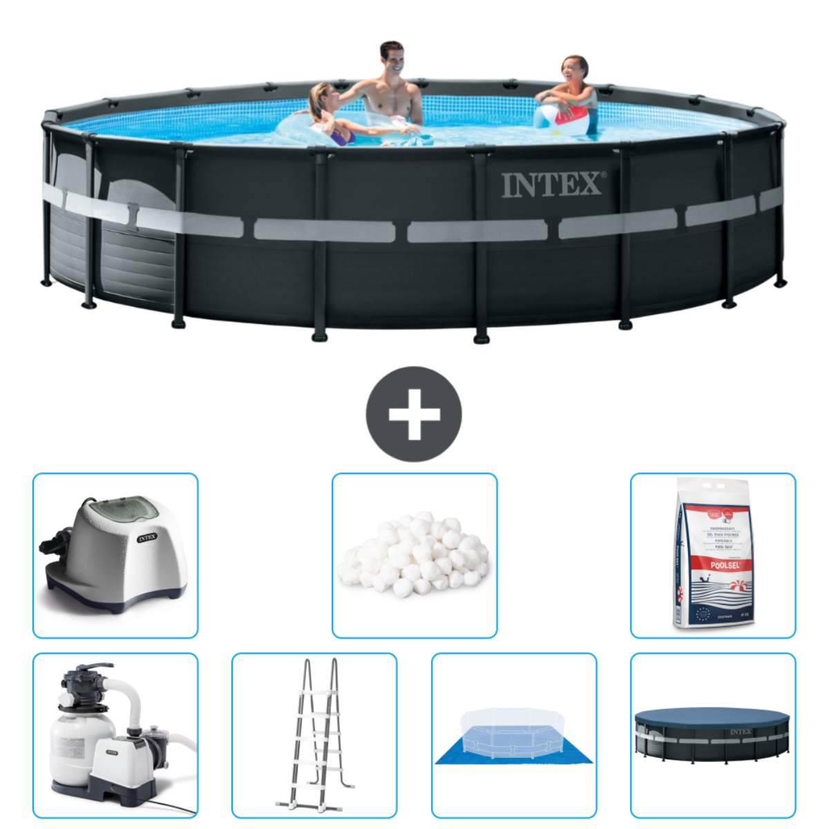 Piscine avec personnes et accessoires. Comprend pompe, échelle et produits chimiques.