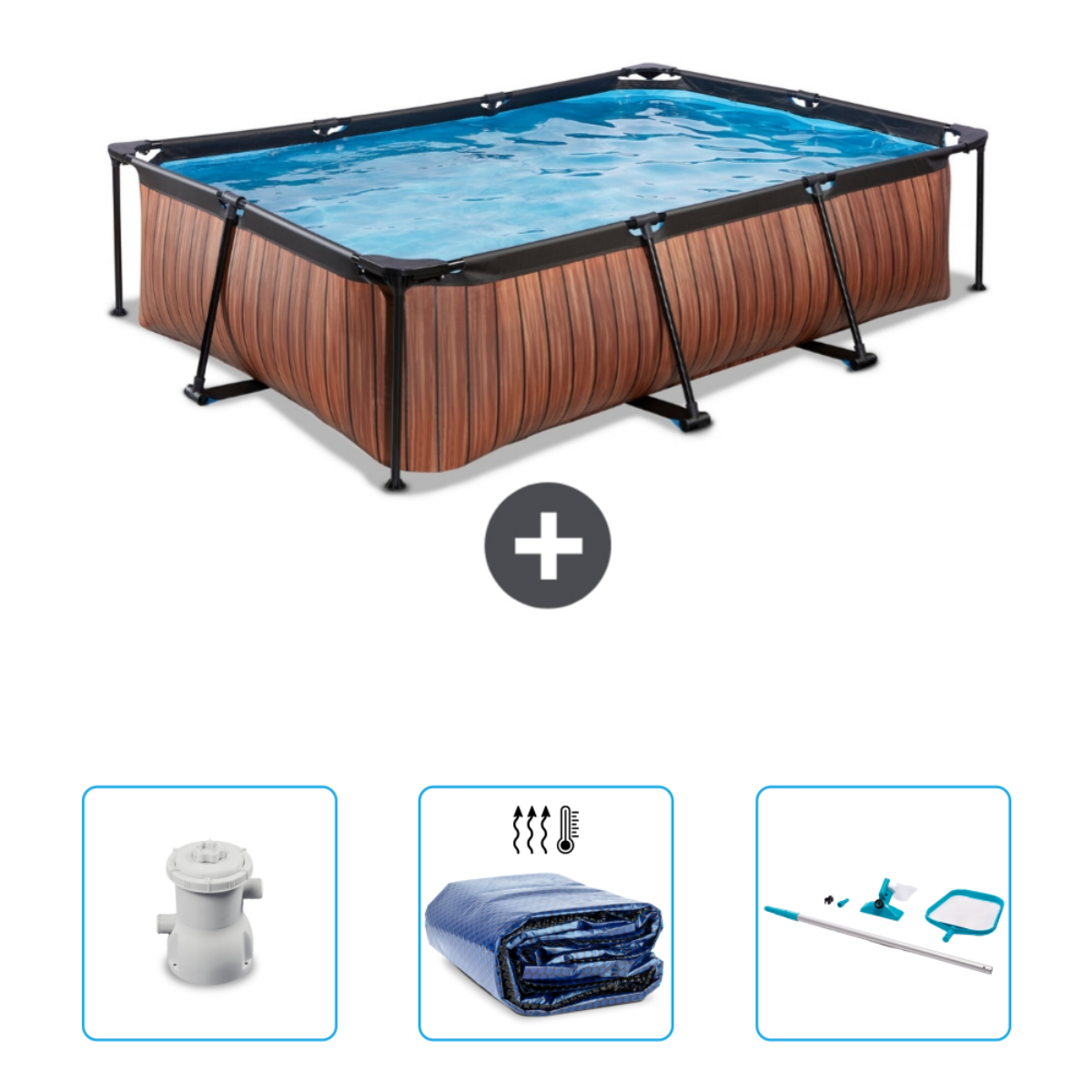 Houten rechthoekig zwembad. Inclusief pomp, afdekking, schoonmaak en thermometer.